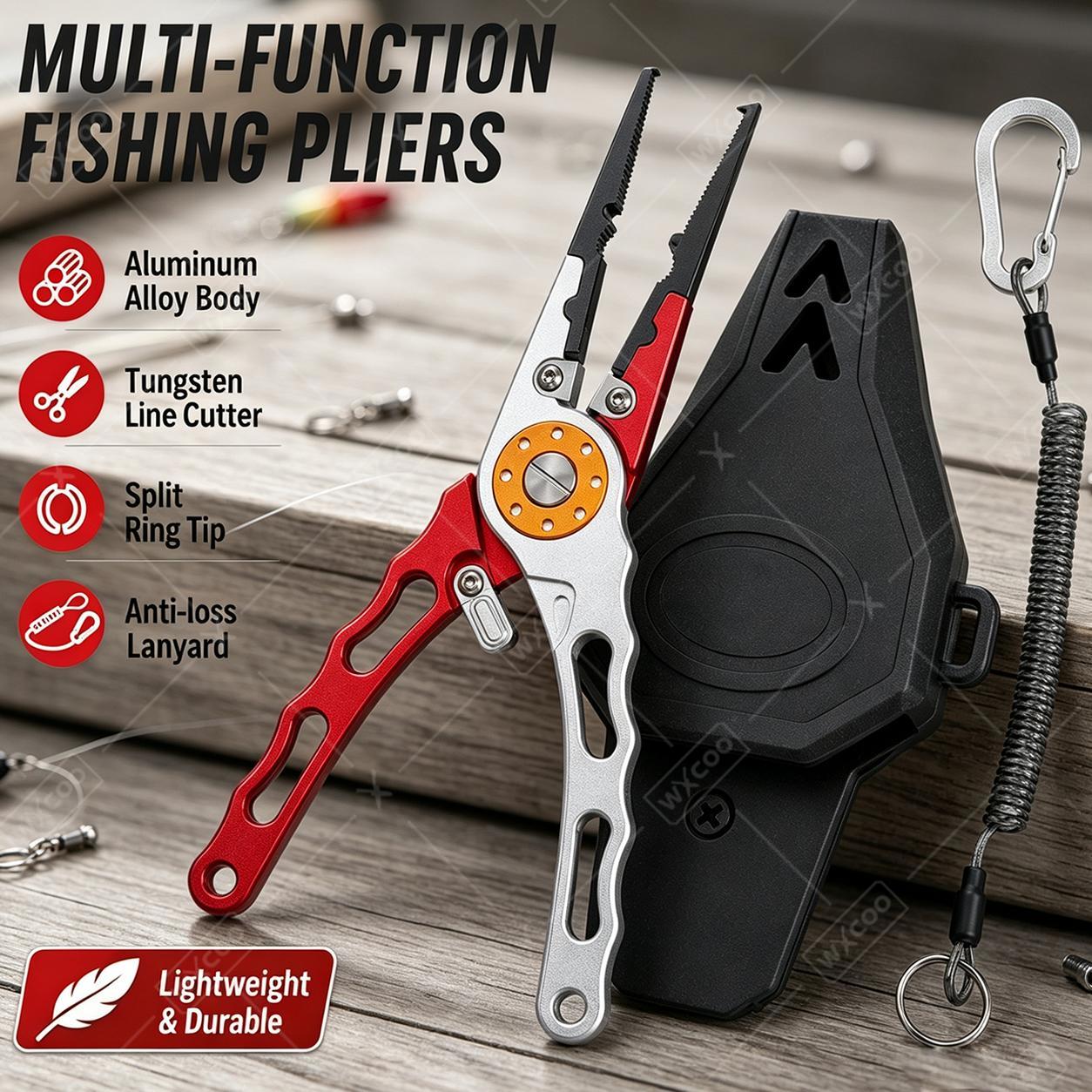 Saltwater Fishing Hook - คีมตัดสายเบ็ด WXCOO พร้อมที่ถอดตะขอ คีมตัดสายถักทังสเตนคาร์ไบด์ คีมตกปลาอะลูมิเนียม ทนทานต่อน้ำเค็ม
