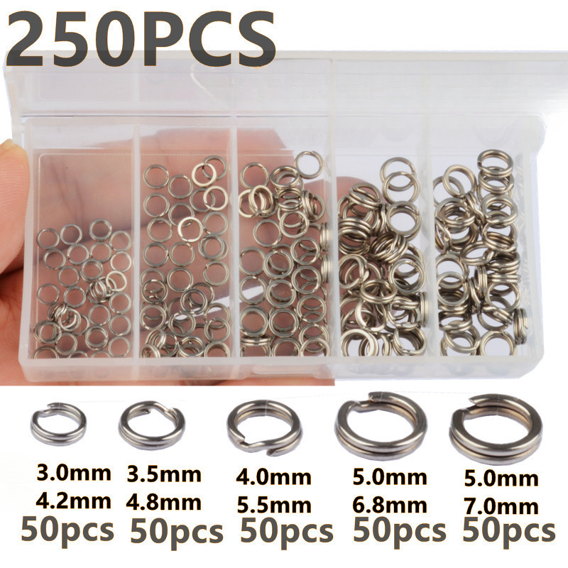 Fishing Equipment Gear - 250 ชิ้น 5 ขนาด ห่วงเชื่อมต่อสายเบ็ดตกปลา แรงดึงสูง