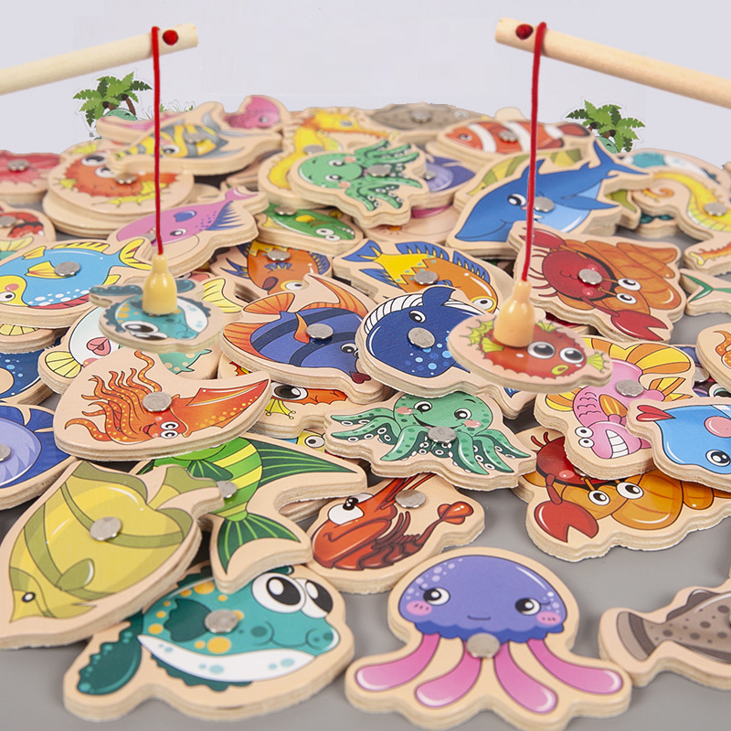 Fishing Equipment Kids - ของเล่นตกปลาแม่เหล็กชุดเกมสําหรับเด็ก Montessori ไม้การ์ตูนตกปลา Rod ของเล่นเพื่อการศึกษาวันเกิด Party