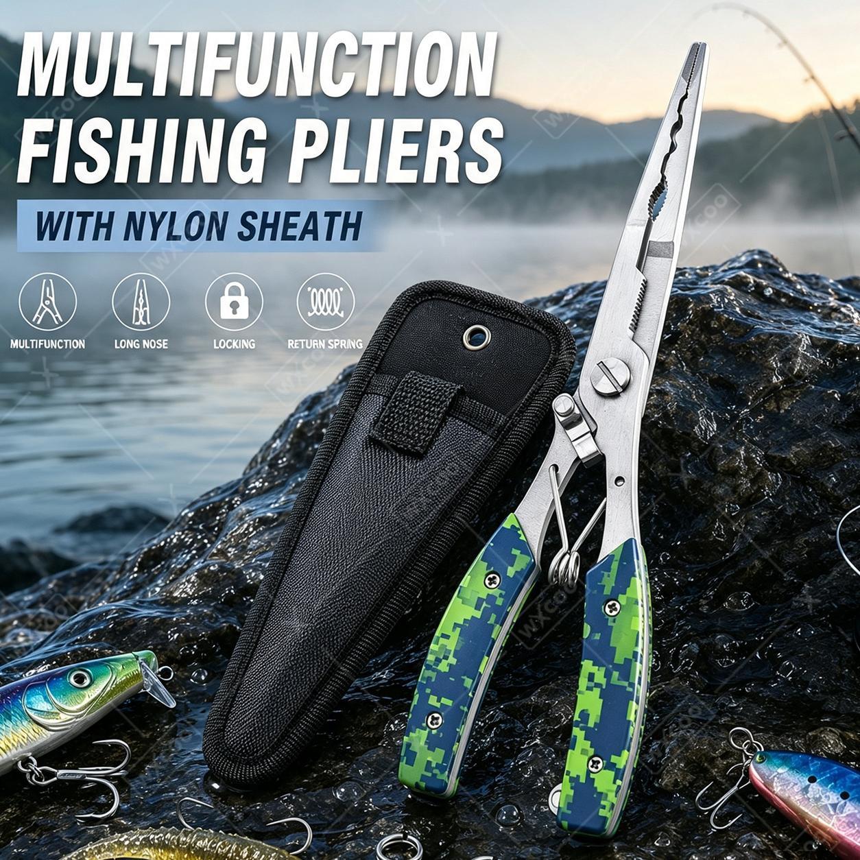 Saltwater Fishing Hook - คีมตกปลาอเนกประสงค์สแตนเลส พร้อมที่ถอดตะขอ ที่จับปลา ที่ตัดสาย สำหรับน้ำเค็ม พร้อมกระเป๋าเก็บอุปกรณ์
