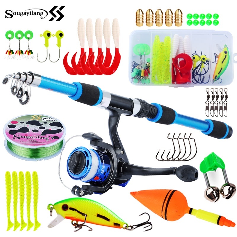 Saltwater Fishing Hook - Sougayilang เด็กตกปลาชุดเสาชุดเต็มพร้อมคันเบ็ดยืดไสลด์และ Spinning Reel เหยื่อตะขอน้ําเค็ม Travel
