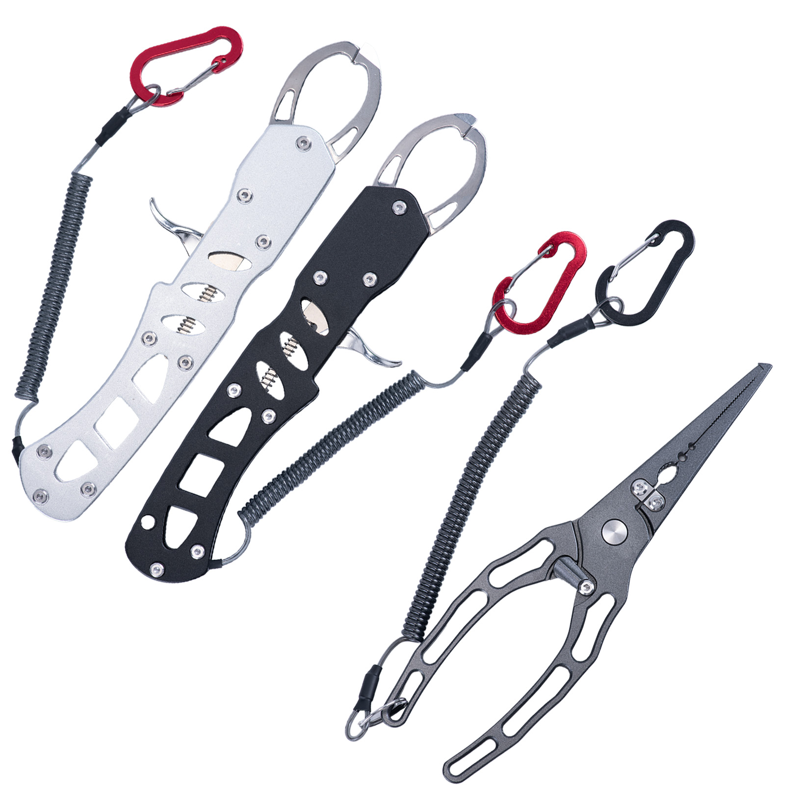 Fishing Equipment Warehouse - ชุดคีมตกปลาและที่จับปลาแบบคอมโบ, ที่จับปากปลาอะลูมิเนียมกันสนิมพร้อมสายคล้อง, เครื่องมือตัดสายเอ็นตกปลาและถอดตะขอ
